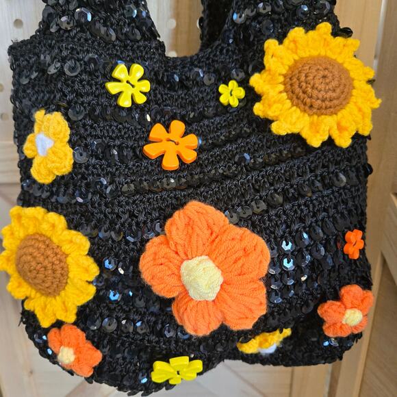 FLR PWR Upcycled Sunflower Hobo bag coin purse black sequin yellow orange - Picture 13 of 17